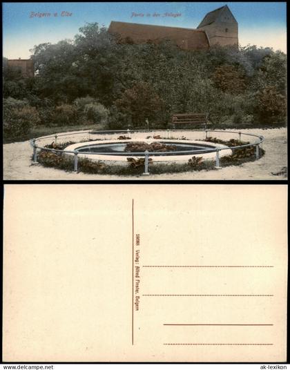 Ansichtskarte Belgern Partie in den Anlagen Springbrunnen 1914
