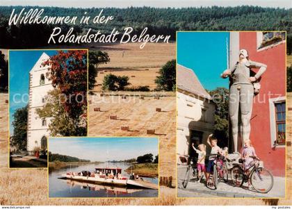 Belgern Elbe Bartholomaeuskirche Elbe mit Gierseilfaehre Roland Statue Heideland