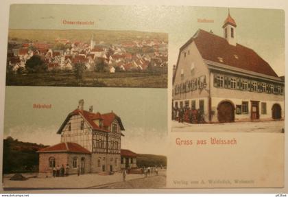 Weissach b. Böblingen , 1914 , Bahnhof , Rathaus , Gasthaus , Restaurant , Ansichtskarte , AK !!