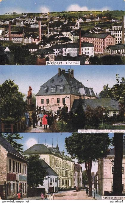 Rathaus, Denkmal und Karlsbaderstrasse in Weipert Böhmen Postkarte AK 1910