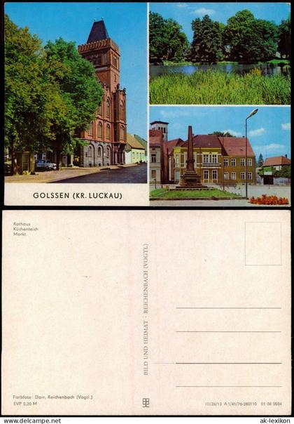 Ansichtskarte Golßen Rathaus, Küchenteich, Markt 1976