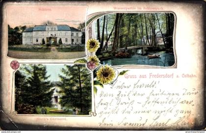 CPA Fredersdorf Vogelsdorf bei Berlin, Schloss, Wasserpartie im Schlosspark, Bluth's Gärtnerei