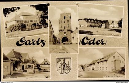CPA Gartz an der Oder, Stettiner Tor, Friedensschule, HOG Stadtcafe, Blason