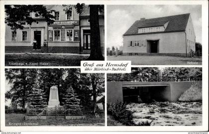 CPA Hermsdorf Münchehofe in Brandenburg, Gasthaus Ernst Hahn, Schule, Wehr, Kriegerdenkmal