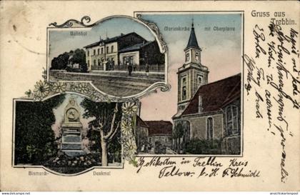 CPA Trebbin im Kreis Teltow Fläming, Bahnhof, Bismarckdenkmal, Marienkirche mit Oberpfarre