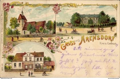 Lithographie Arensdorf Kreis Lebus Steinhöfel in Brandenburg, Kirche, Gutshaus, Geschäftshaus