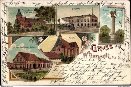 Lithographie Bad Wilsnack Prignitz, Plattenburg, Bahnhof, Kriegerdenkmal, Zum Deutschen Kaiser, Kirche