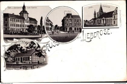 Lithographie Lieberose in Brandenburg, Stadtkirche, Schloss, Forsthaus, Hotel