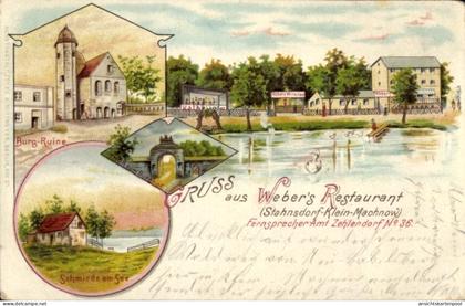 Lithographie Stahnsdorf Kleinmachnow in Brandenburg, Weber's Restaurant, Burgruine, Schmiede am See