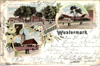 Lithographie Wustermark im Havelland, Kirche, Restaurant Grünfeld, Schlachtermeister