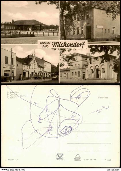 Michendorf DDR Mehrbild-AK mit Raststätte, Postamt, Bahnhof, Potsdamer Str. 1968