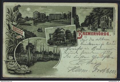 Mondschein-Lithographie Bremervörde, Hafen, Ackerbauschule, Mühle mit Umgebung