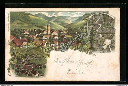 Lithographie Bühlertal, Ortsansicht Ober-Bühlertal, Gertelbach-Wasserfälle