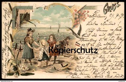 ALTE LITHO POSTKARTE GRUSS STRAND KINDER NORDSEE STEMPEL BÜSUM beach plage postcard Ottmar Zieher Ansichtskarte cpa AK