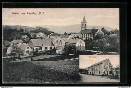 AK Crostau /O.-b., Gasthof mit Strasse, Ortsansicht mit Feldern