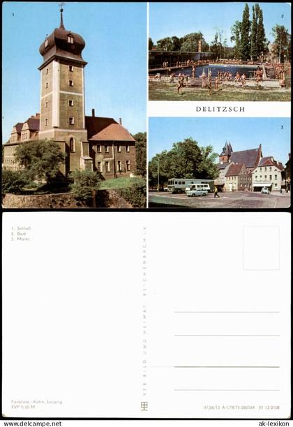 Ansichtskarte Delitzsch 1. Schloß, 2. Bad, 3. Markt 1979/1975