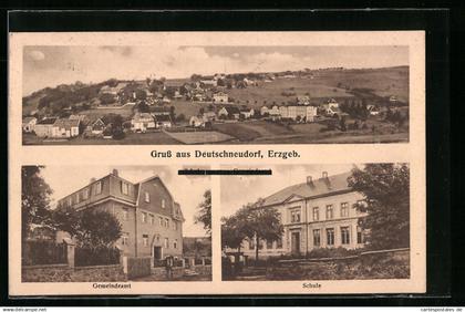 AK Deutschneudorf /Erzgeb., Teilansicht, Gemeindeamt, Schule