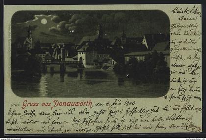 Mondschein-Lithographie Donauwörth, Panorama mit Brücke