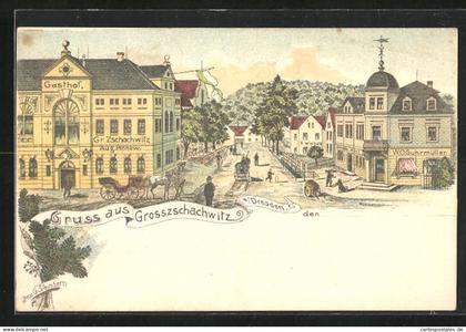 Lithographie Grosszschachwitz b. Dresden, Strasse mit Gasthof von Aug. Pinnow und Geschäft von W. O. Guhrmüller