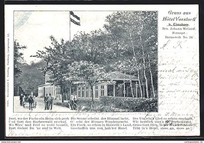AK Elmshorn, Hotel Vossloch J. Welzow mit Strasse und Kutsche, Dame mit Fahrrad