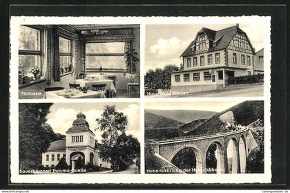 AK Emmelshausen, Gasthaus Waldfrieden, Terrasse, Sauerbrunnen Thauma-Quelle