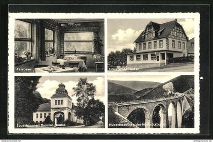 AK Emmelshausen, Hotel Haus Waldfrieden, Sauberbrunnen Thauma-Quelle, Hubertusbrücke