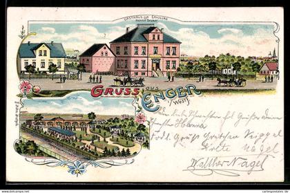 Lithographie Enger i. Westf., Gasthaus zur Erholung, Inh. Heinrich Deuker, Vogelschau auf Garten