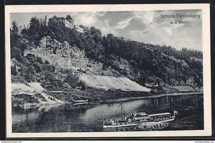AK Fürstenberg a. d. Weser, Schloss Fürstenberg, Weser mit Dampfschiff