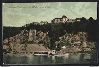 AK Fürstenberg / Weser, Schloss Fürstenberg, Weserufer, Dampfschiff