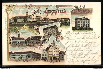 Lithographie Geisenfeld, Post und Gasthof Fuchsbüchler, Rathaus, Knabenschule und Krankenhaus