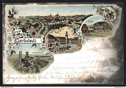 Lithographie Gerbstedt, Glückhilfsschacht, Bahnhof, Marktplatz