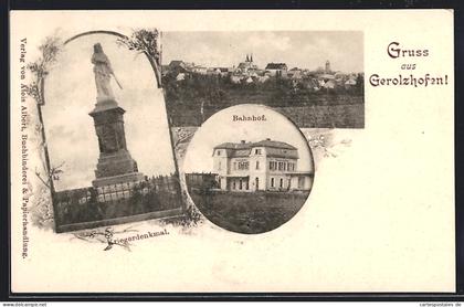 AK Gerolzhofen, Kriegerdenkmal, Bahnhof, Ortsansicht