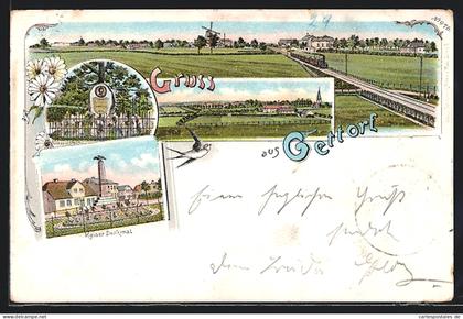 Lithographie Gettorf, Kaiserdenkmal, Bismarckdenkmal, Panorama mit Eisenbahn und Windmühle