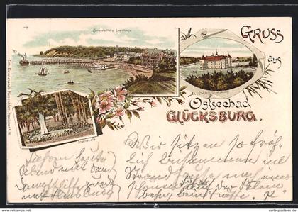 Lithographie Glücksburg, Ostseebad, Strandhotel und Lorgierhaus, Schloss Glücksburg, Stahlquelle