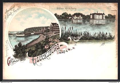 Lithographie Glücksburg, Strandhotel und Bade-Anstalt, Schloss Glücksburg
