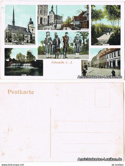 Gößnitz Mehrbild: Kirche, Uferstraße, Mittelstraße, Trachten und Wehr 1918