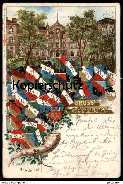 ALTE LITHO POSTKARTE GRUSS AUS GÖTTINGEN 1899 VIVAT ACADEMIA STUDENTIKA SEI'S PANIER Couleur Burschenschaft Studentica