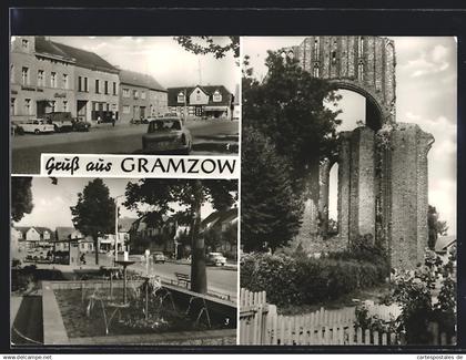 AK Gramzow, Strassenpartie am Markt, Springbrunnen, Klosterruine