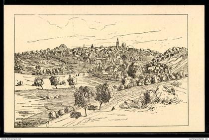 Künstler-AK Grünberg in Hessen, Gesamtansicht des Ortes