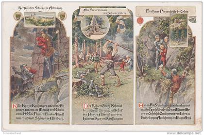 Litho AK Trilogie Prinzenraub Altenburg + Fürstenbrunn Schwarzenberg Grünhain + Prinzenhöhle Stein bei Hartenstein