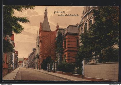 AK Grünstadt, Untere Bahnhofstrasse mit Kirche