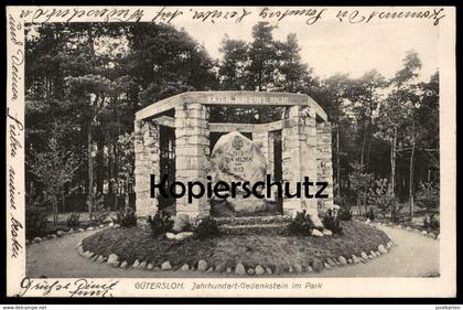 ALTE POSTKARTE GÜTERSLOH JAHRHUNDERT GEDENKSTEIN IM PARK 1913 DEN HELDEN VON 1813 LEIPZIG AK Ansichtskarte postcard cpa