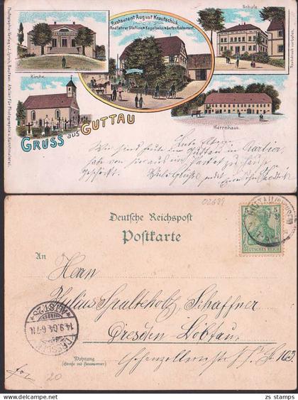 Guttau Gruss aus,  Litho mit Schloss, Herrnhaus, Restaurant Augut Krautschick 1904