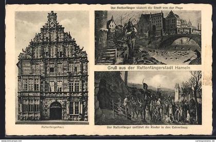 AK Hameln, Rattenfängerhaus, Szenen aus der Sage