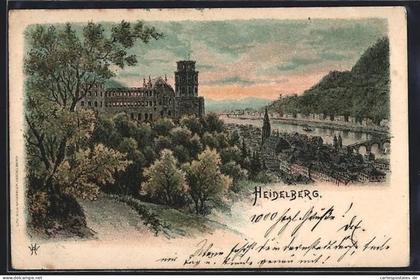 Lithographie Heidelberg, Ortsansicht mit Schloss
