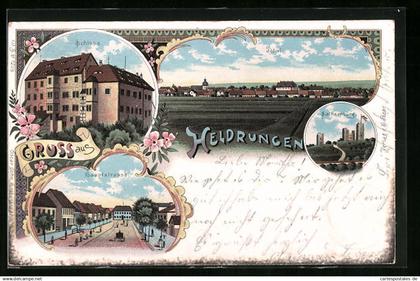 Lithographie Heldrungen, Schloss, Hauptstrasse, Sachsenburg, Totalansicht