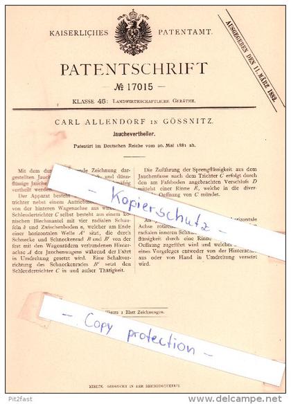 Original Patent - Carl Allendorf in Gössnitz , 1881 ,  Jauchevertheiler !!!