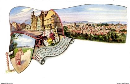 Blason Lithographie Lauterbach an der Lauter Vogelsbergkreis, Strumpf verloren, weinendes Kind, Panorama