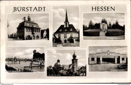 CPA Bürstadt in Hessen, Kirche, altes Rathaus, Schwimmbad, Fußballstadion, Kriegerdenkmal