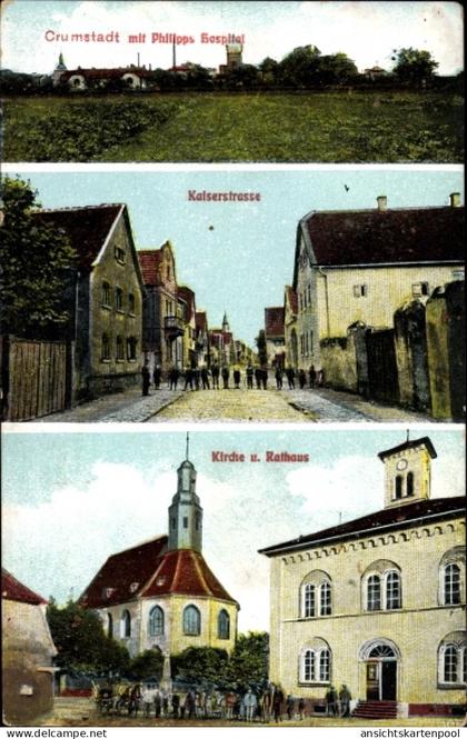 CPA Crumstadt Riedstadt Hessen, Philipps Hospital, Kaiserstraße, Kirche und Rathaus